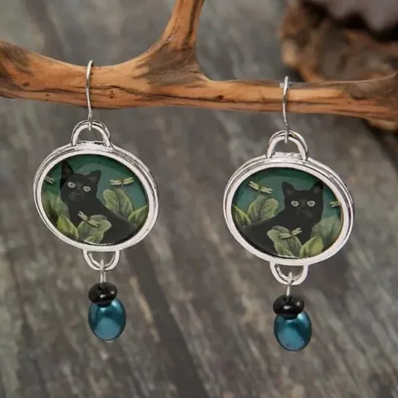 Black Cat Dragonfly Earrings Nature Boho Dangle Teal Bead Animal Lover Earrings - Picture 6 of 10
